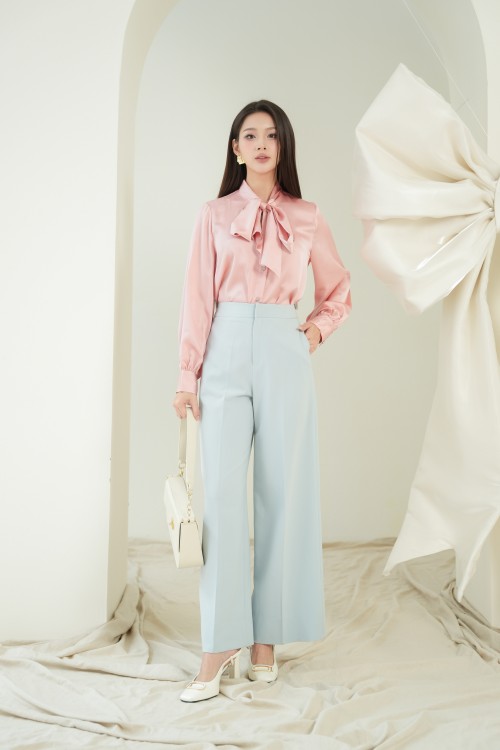 Sixdo Peach Pink Bow-tie Silk Shirt